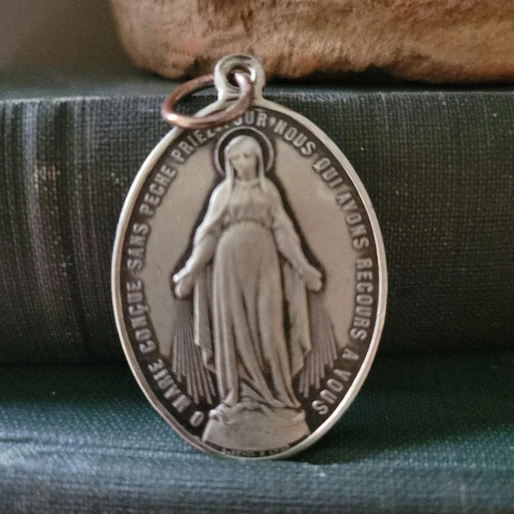 Vintage Silver Tone Miraculous Medal Virgin Mary Pendant France 1.5